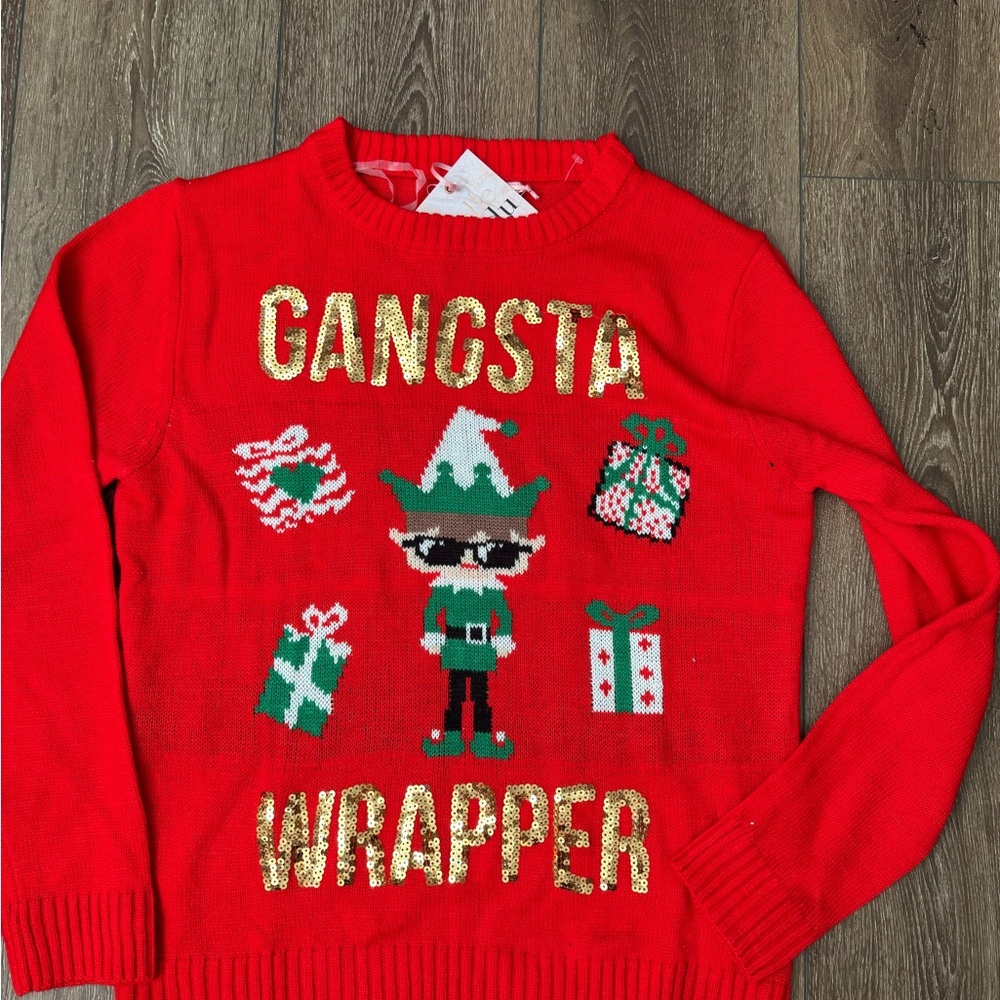 Red Holiday Sweater with Gold Accents